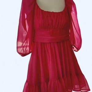 Lucy in the Sky Elegant Pink Chiffon Dress with Ruffled Skirt and Tie S